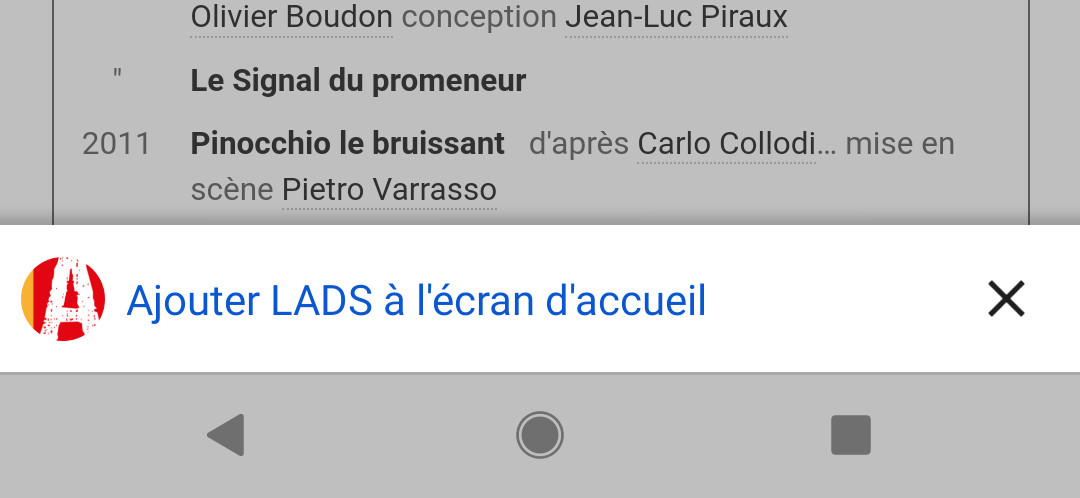Capture d’écran du bandeau cliquable « Ajouter LADS à l’écran d’accueil » visible sur mobile avec Chrome